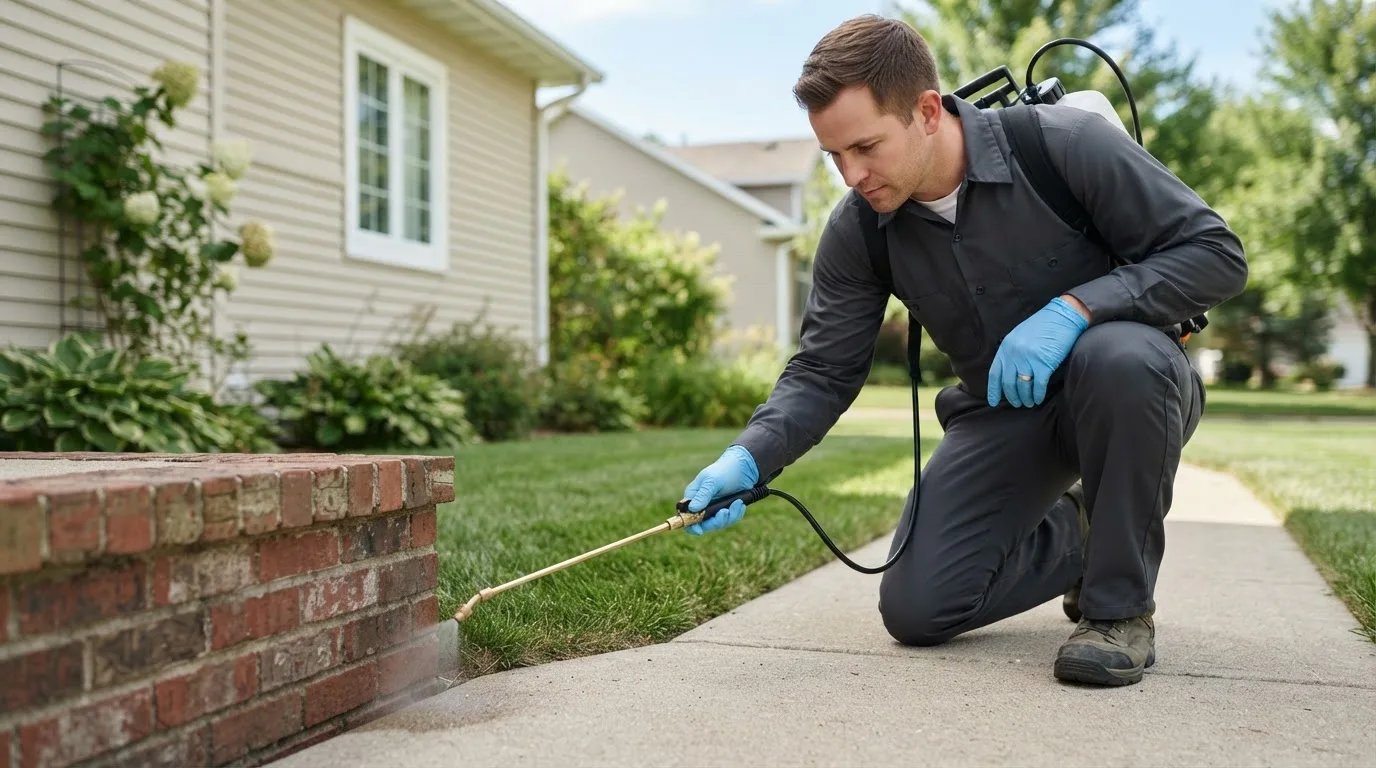 Pest control technician treating a home near La Crosse, VA